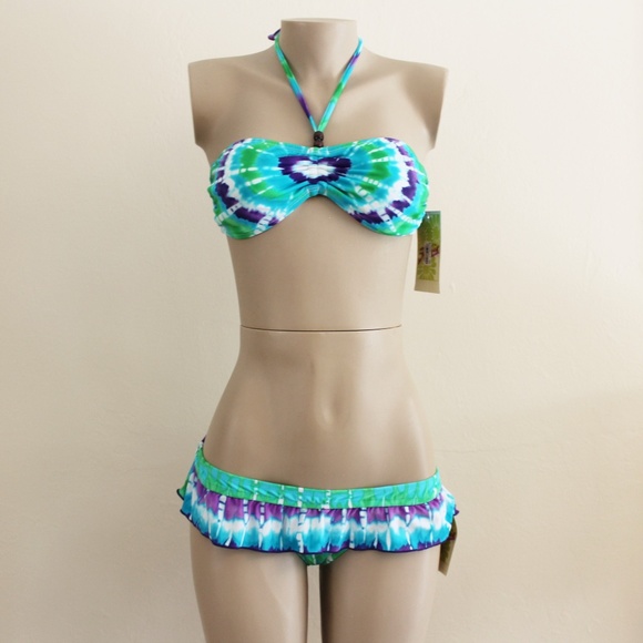 Hobie Tie Dye Bandeau Ruffled Halter Bikini Set - Picture 1 of 3